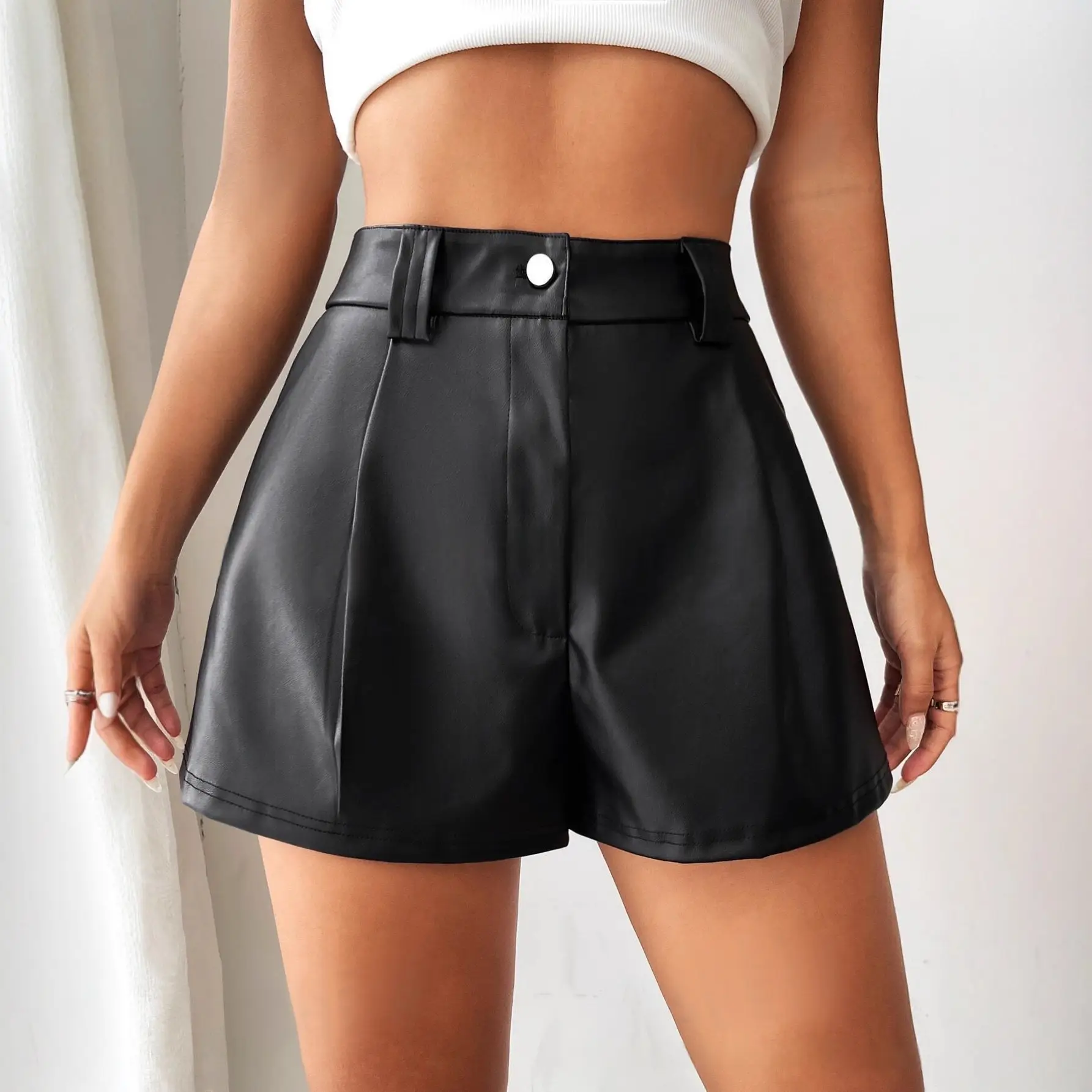 European And American-style Sexy Solid-color Leather Patchwork High-waist Slim-fit Straight-leg Leather Pants