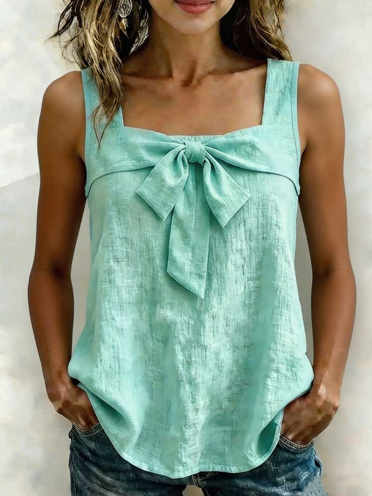 Women's Square-Neck Sleeveless Tank Top in Light Green – wide-strap cotton linen casual