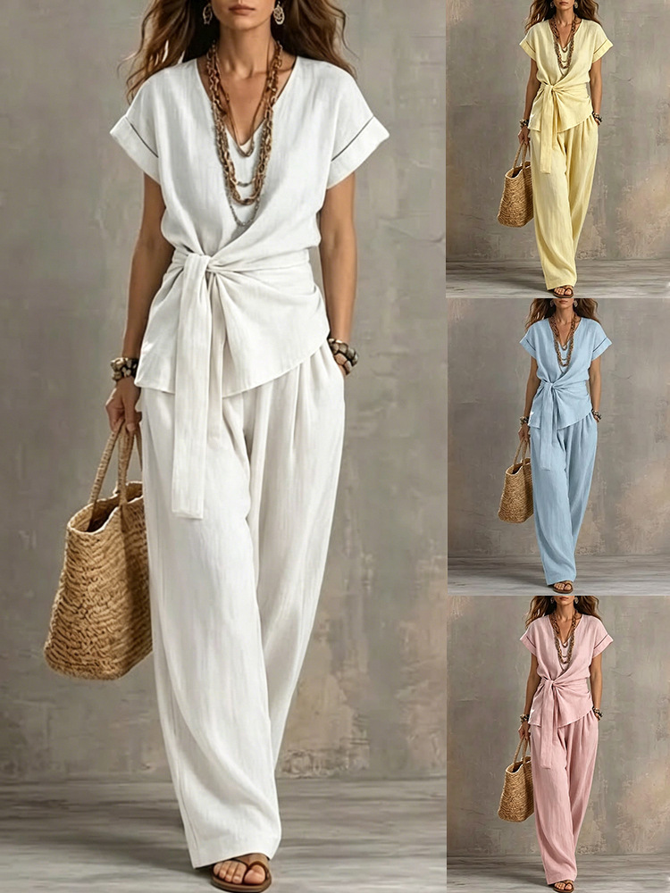 Women's V-Neck Short-Sleeve Top and Pants Two-Piece Set in White – cotton blend casual matching set