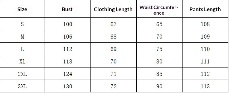 Women's V-Neck Top and Pants Set size chart – measurements for S, M, L, XL, 2XL, 3XL