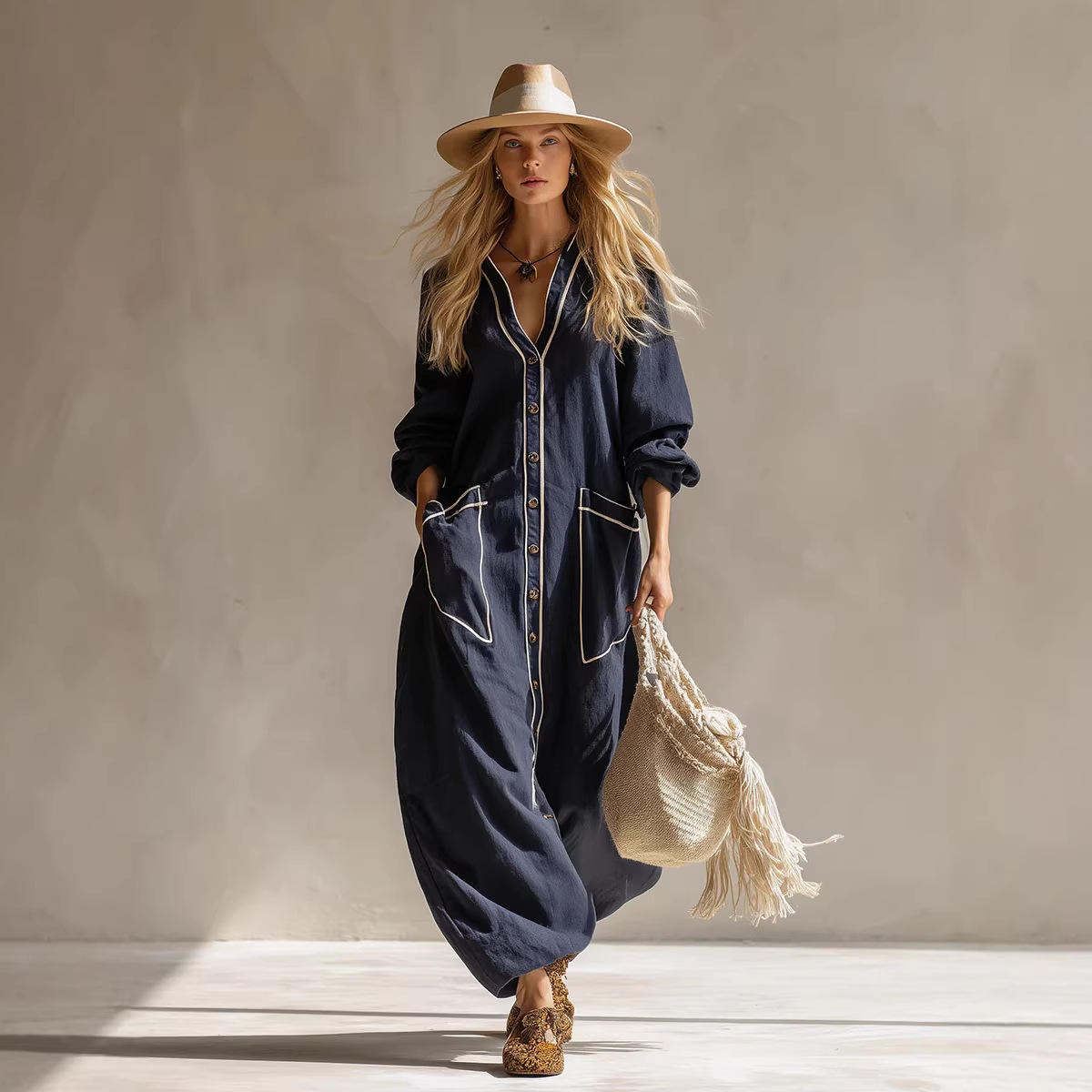 Women's Solid-Color Pullover Jumpsuit in Navy Blue – commuter style back view