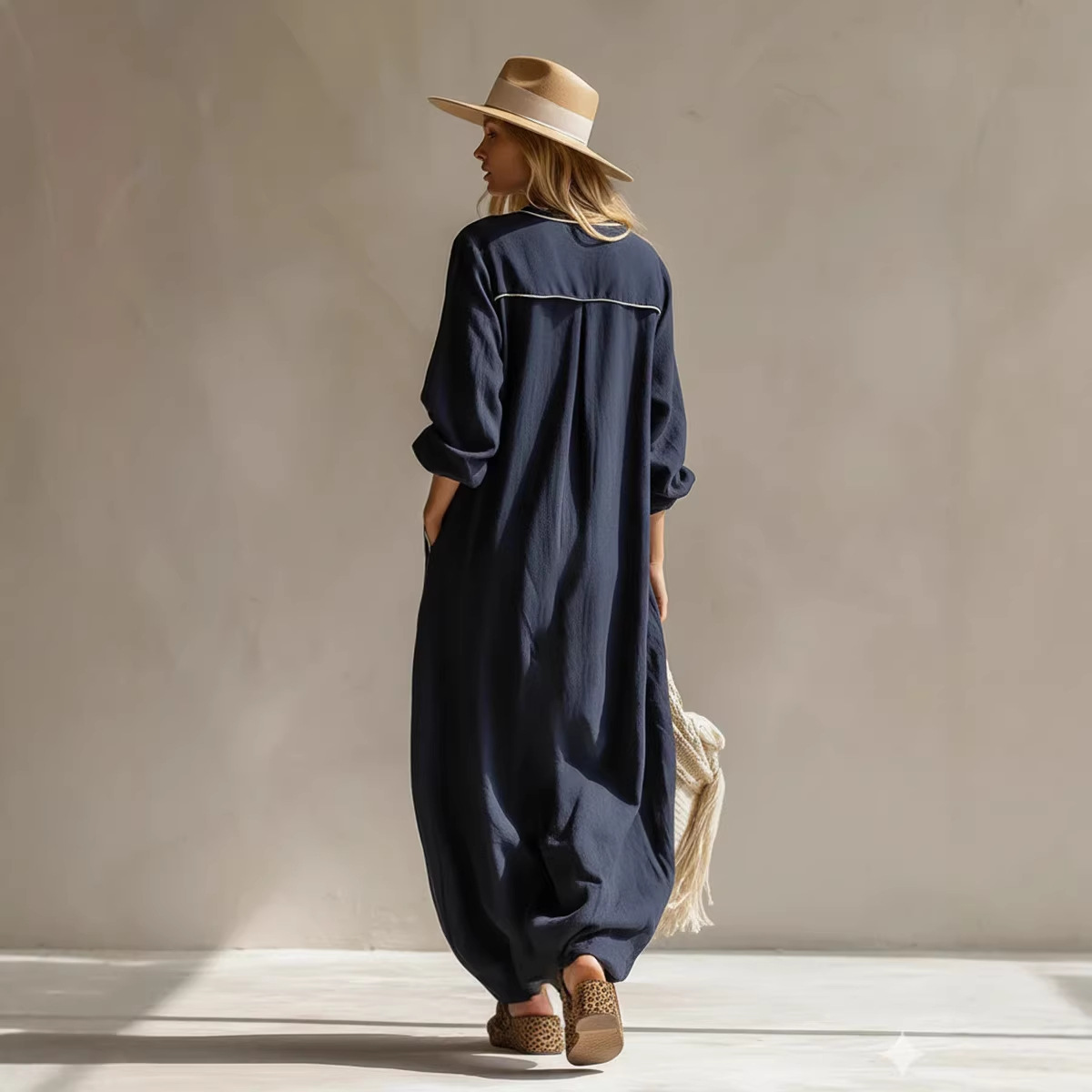Women's Solid-Color Pullover Jumpsuit in Navy Blue – elegant full-length lifestyle detail