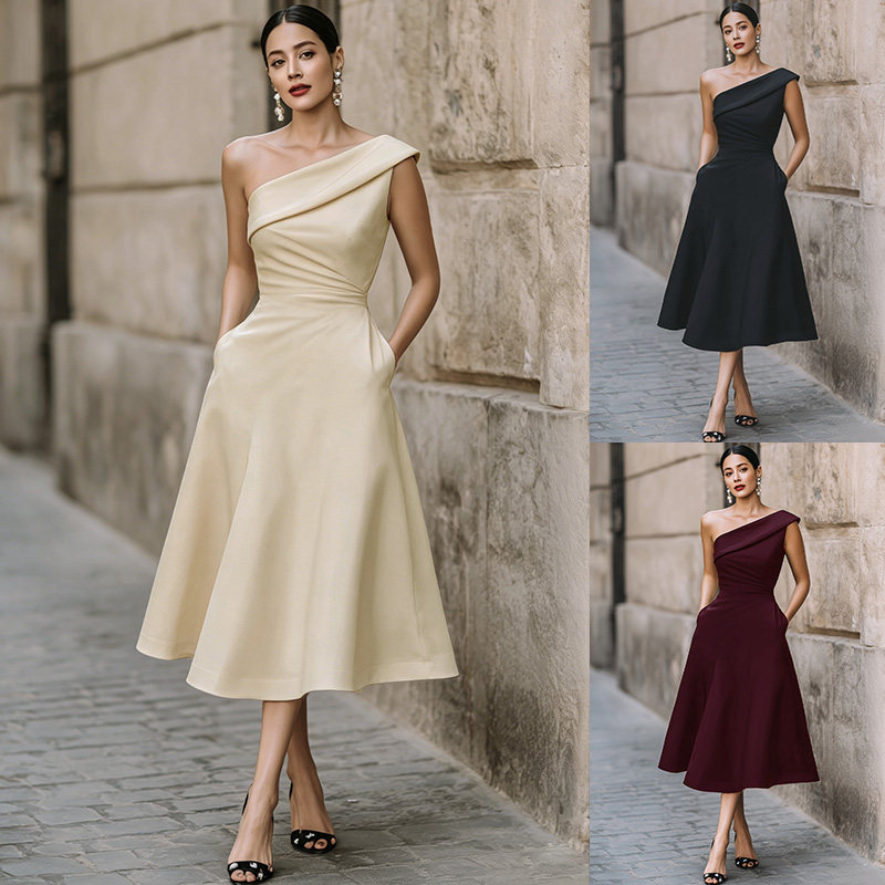 Women's Off-Shoulder Swing Dress – flowy solid color lifestyle detail
