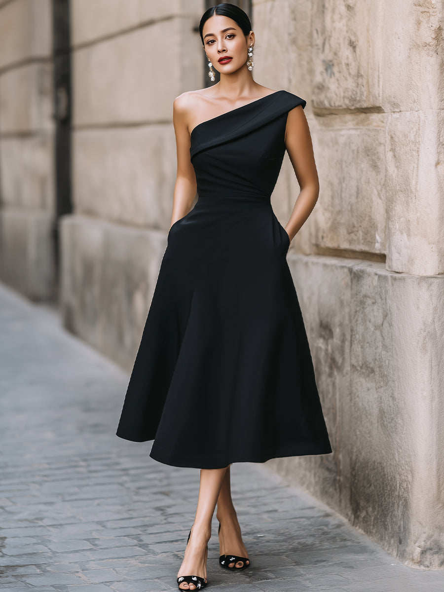 Women's Off-Shoulder Swing Dress in Black – solid color flowy large swing midi polyester