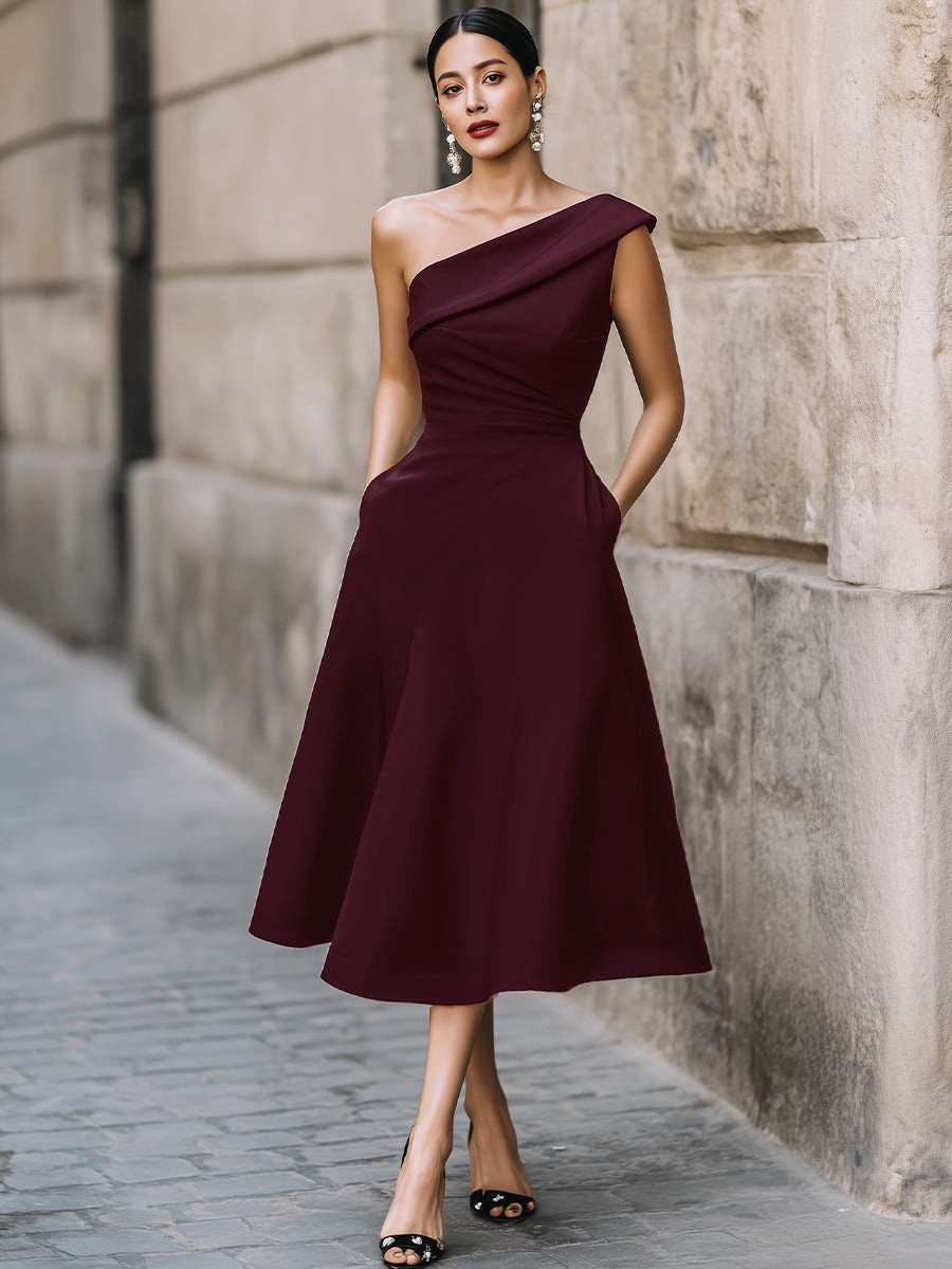 Women's Off-Shoulder Swing Dress in Apricot – flowy solid color sexy midi dress