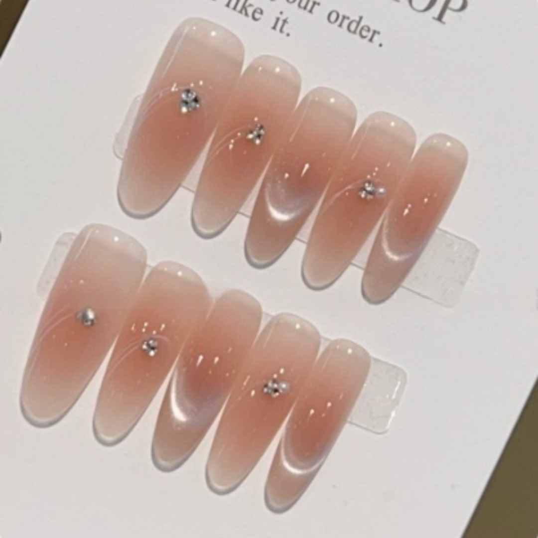 Nude Blush Cat-eye French Rhinestone Handmade Nail Art