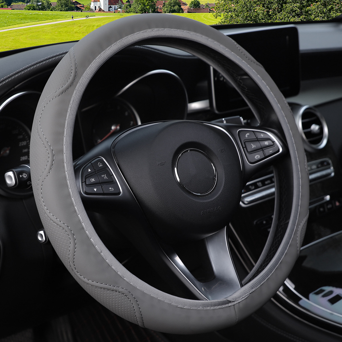 Fiber Leather Embossed Corrugated Elastic Stretch Steering Wheel Cover