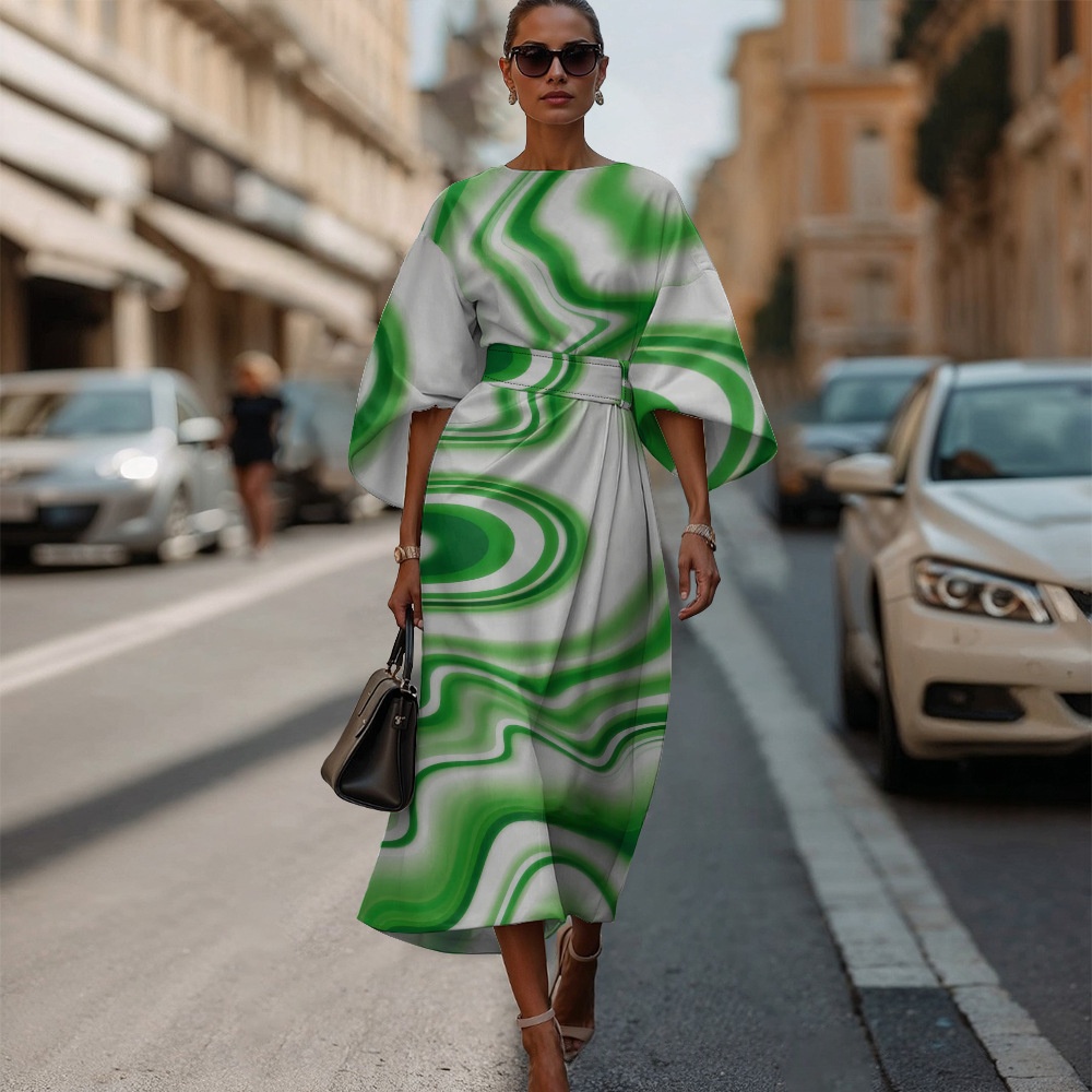 Womens Fashionable Casual Printed Crew-Neck Dress