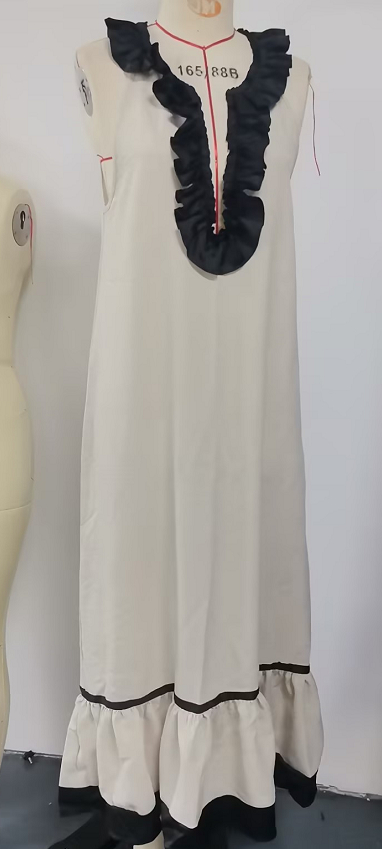 Women's Resort Linen Maxi Dress in Beige – halter neck ruffle A-line boho beach vacation