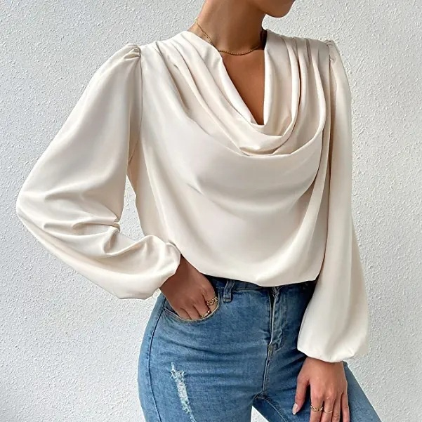 Textured Chiffon Long-sleeve Shirt With Draped Balloon Sleeves
