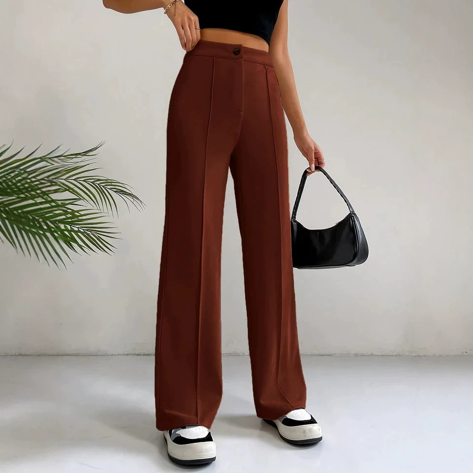 Women's high-waisted straight flare pants with stitching detail – elegant commute full length