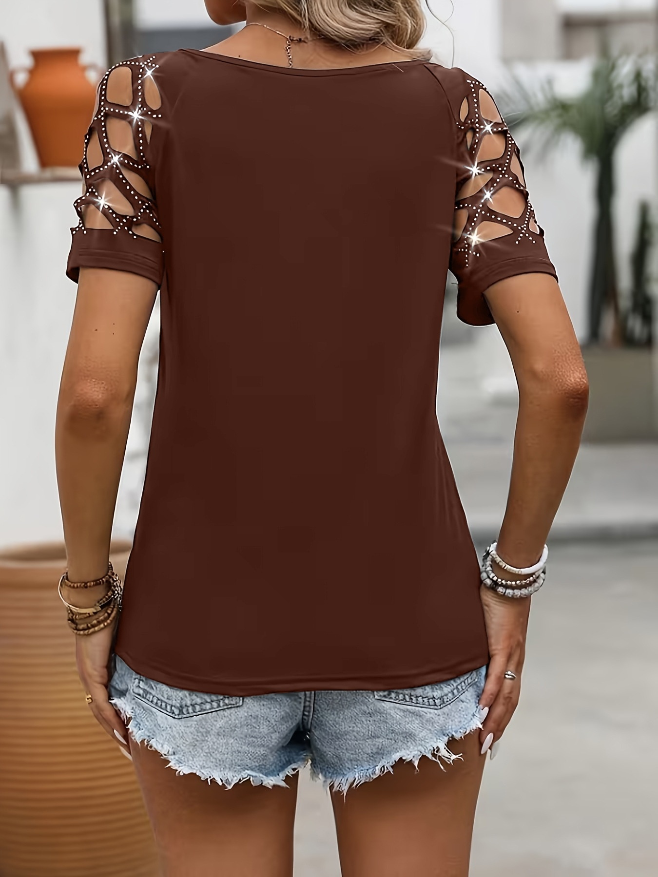Women's cut-out rhinestone short-sleeve top – chain zipper detail elegant commuter