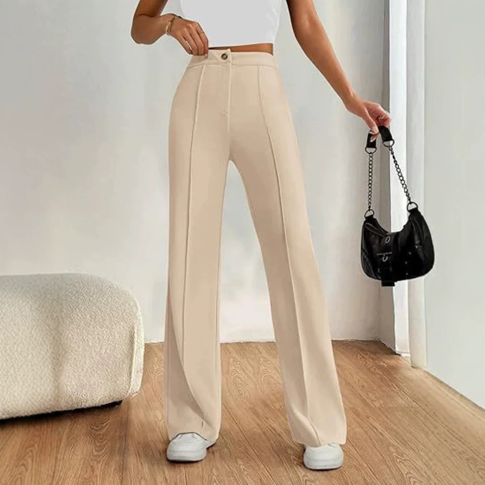 Women's high-waisted straight flare pants with stitching detail in brown – elegant commute