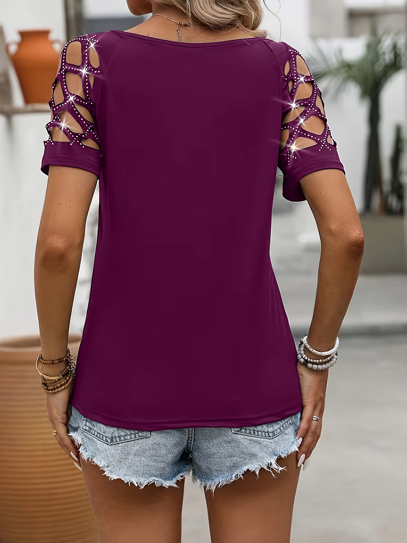 Women's rhinestone cut-out short-sleeve top in purple – chain detail zipper elegant