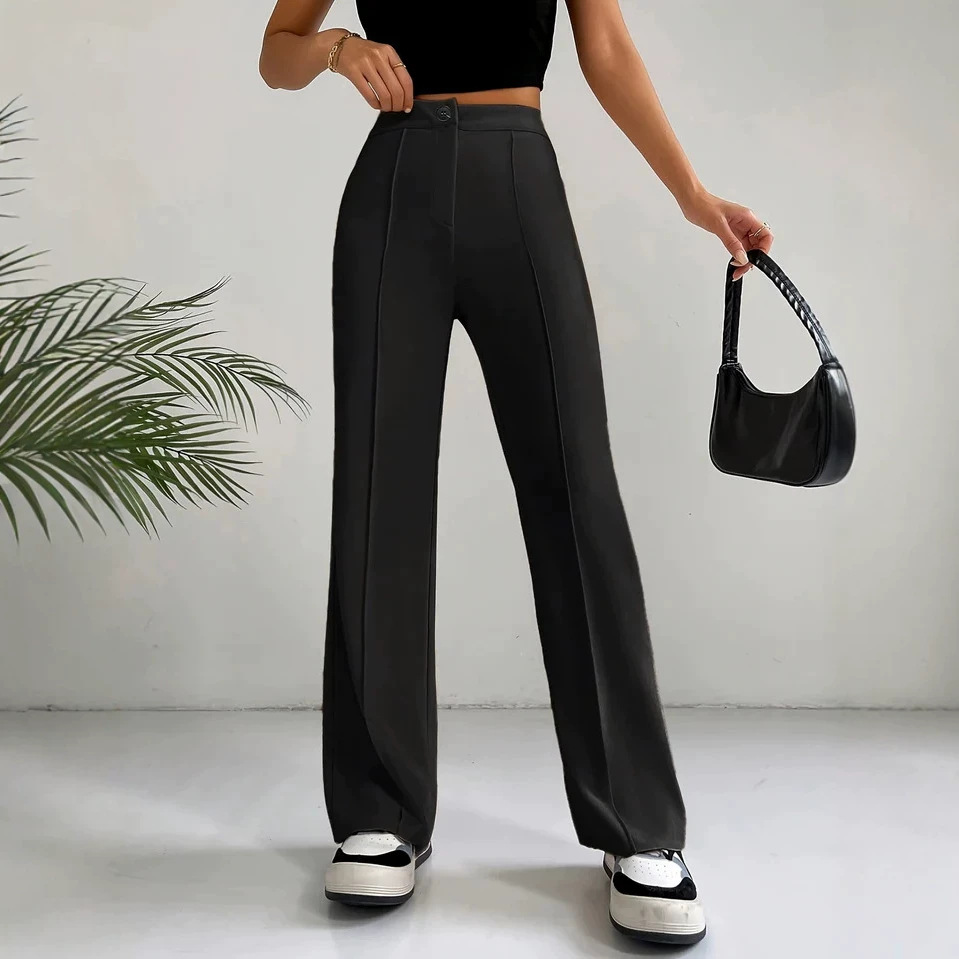 Women's straight flare pants with stitching detail – high waist elegant commute solid color