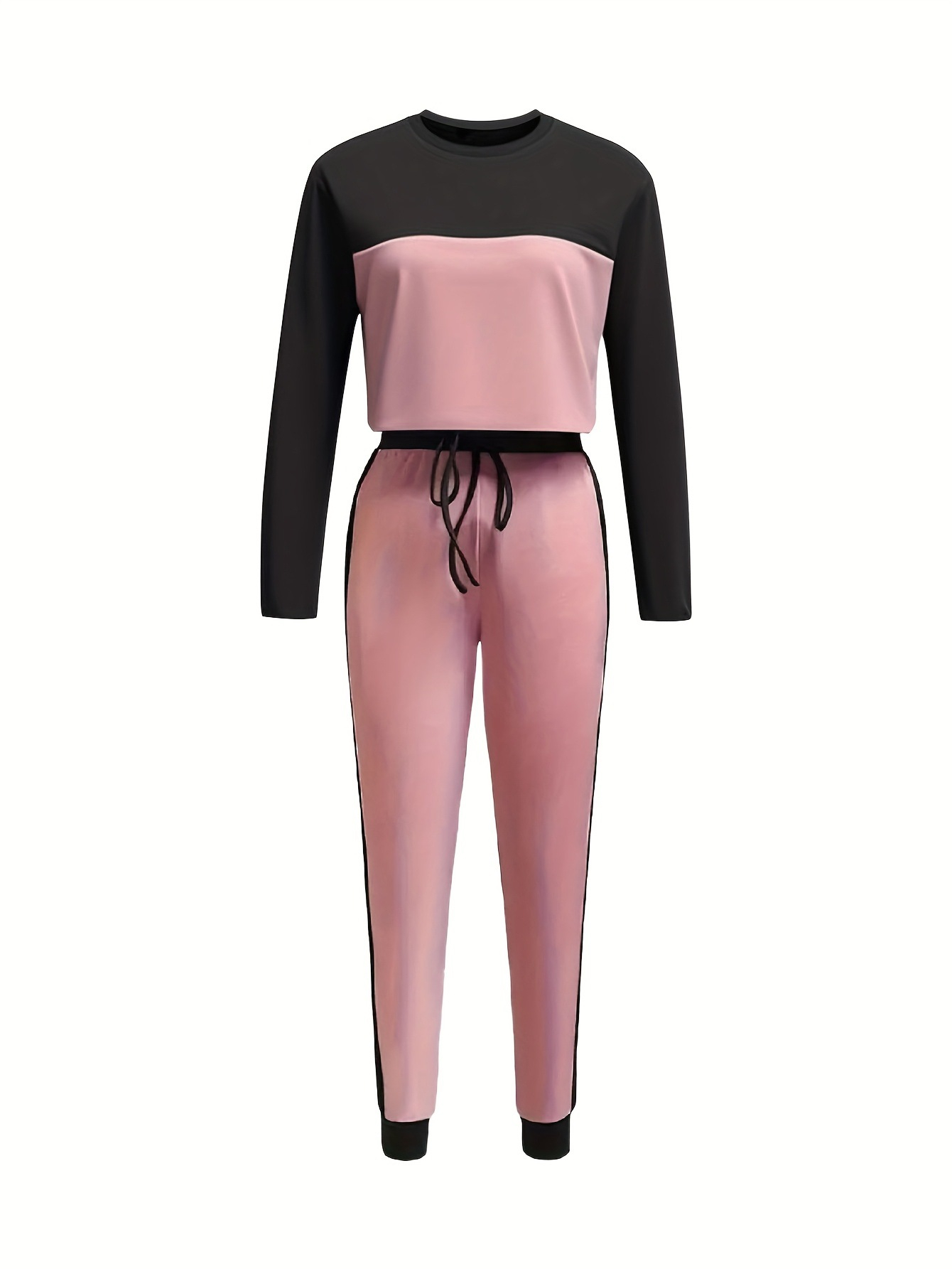 Women's casual patchwork hoodie set – Korean-style two-piece matching pants