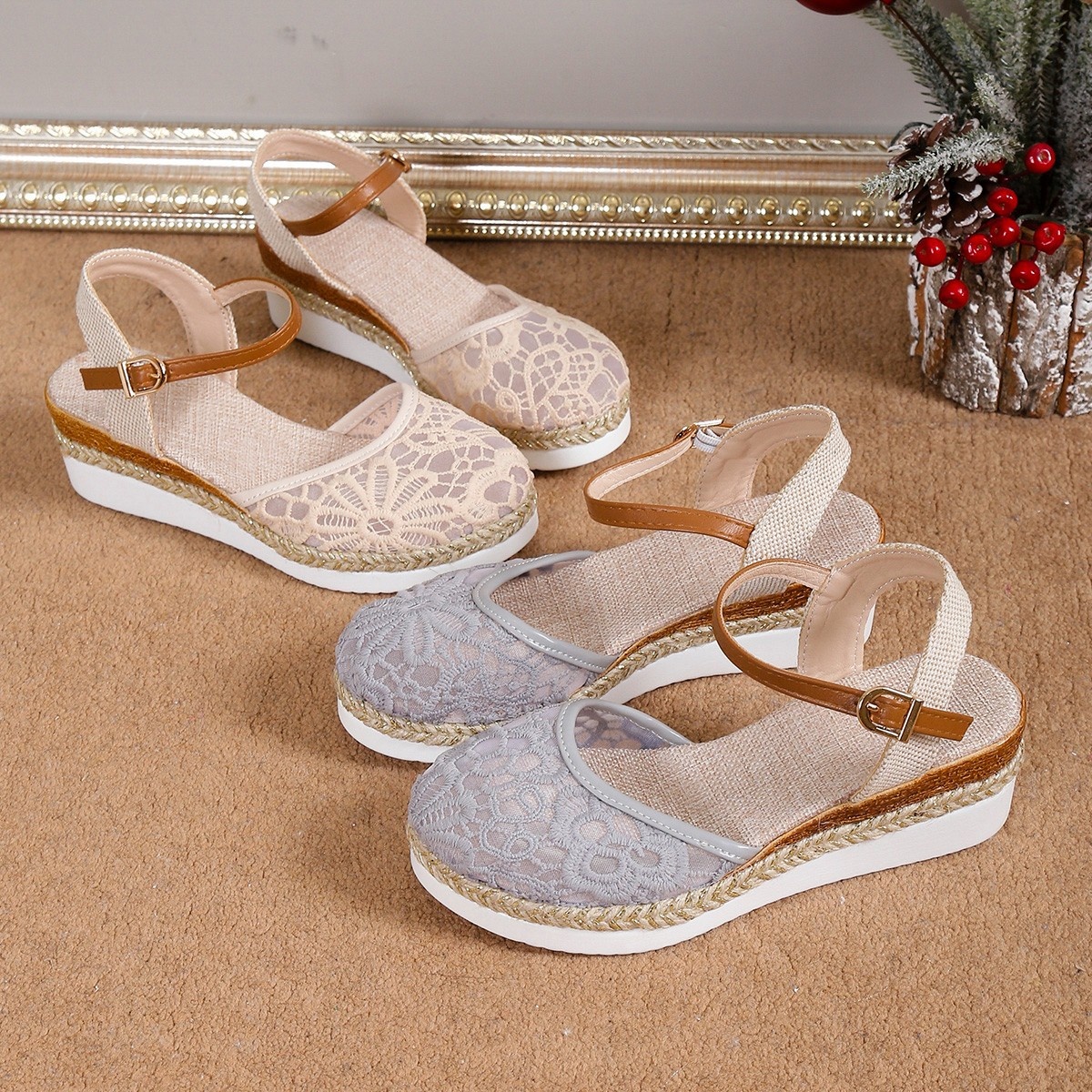 Sarah Express Mesh Embroidered High-Heel Sandals Gray