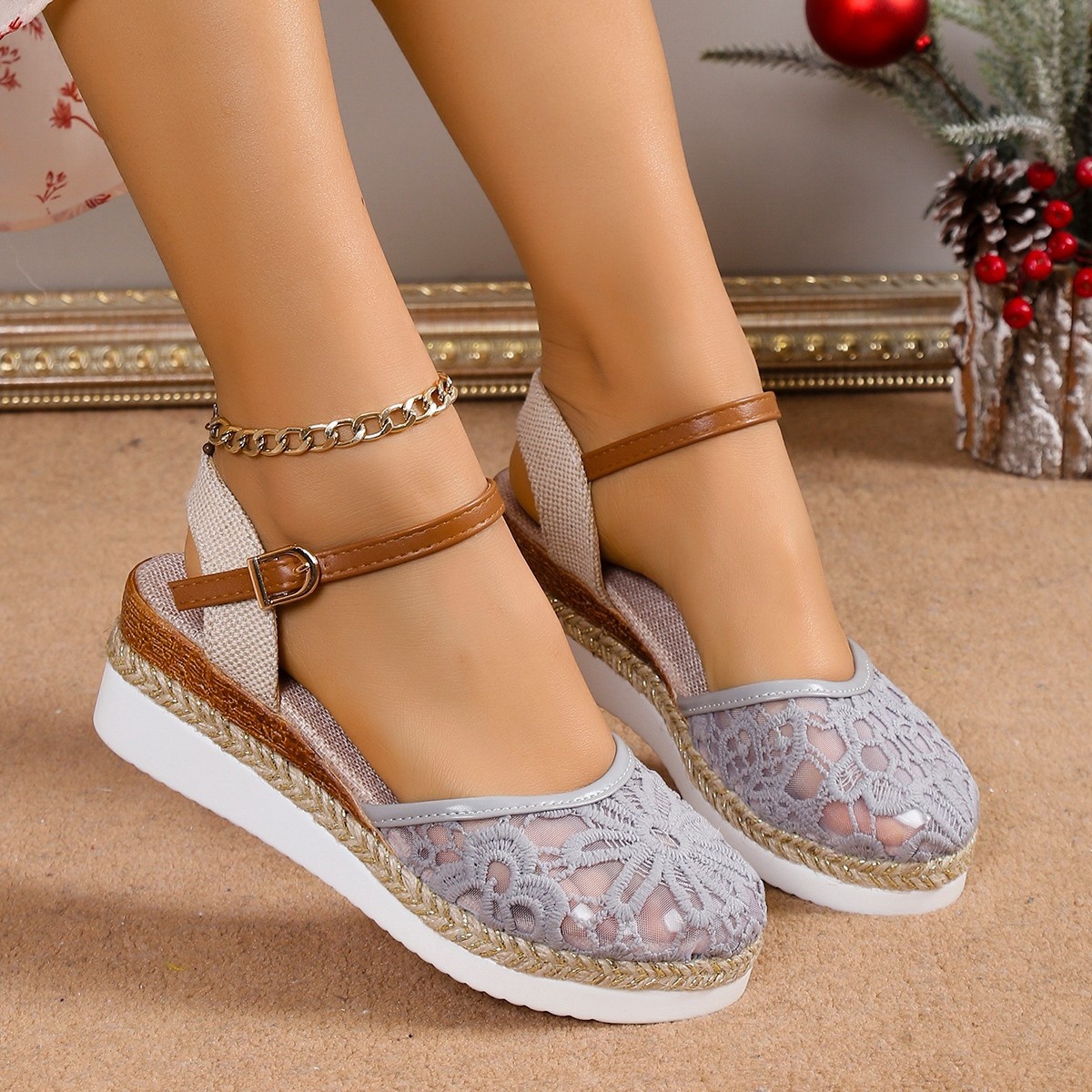 Sarah Express Mesh Embroidered High-Heel Sandals Side View