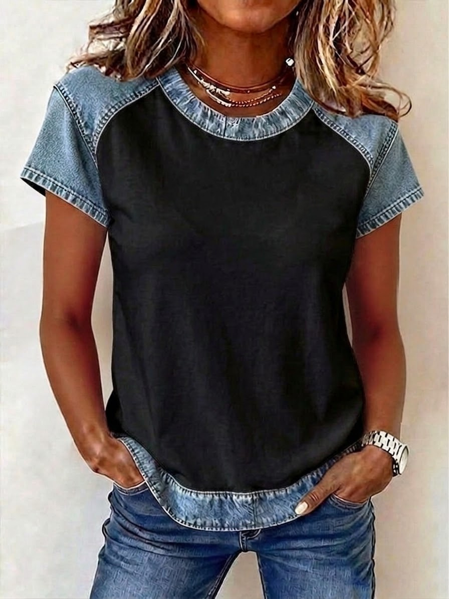 Women's denim patchwork shirt styled casually – retro loose fit short-sleeve creative