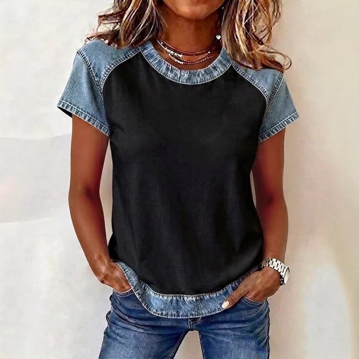 Women's denim patchwork short-sleeve shirt – retro loose fit creative casual top
