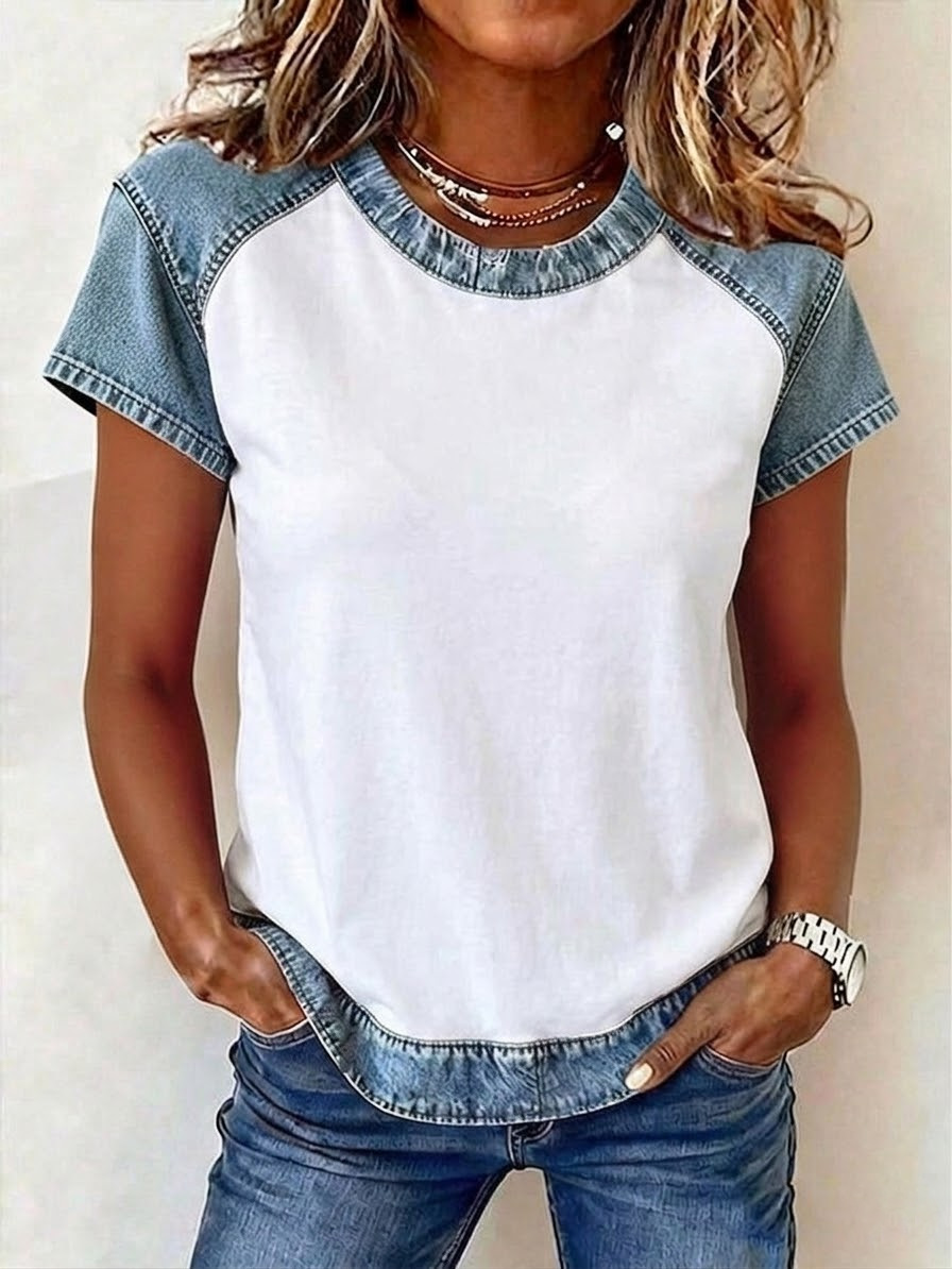Women's retro denim patchwork shirt in black – loose fit short-sleeve creative casual