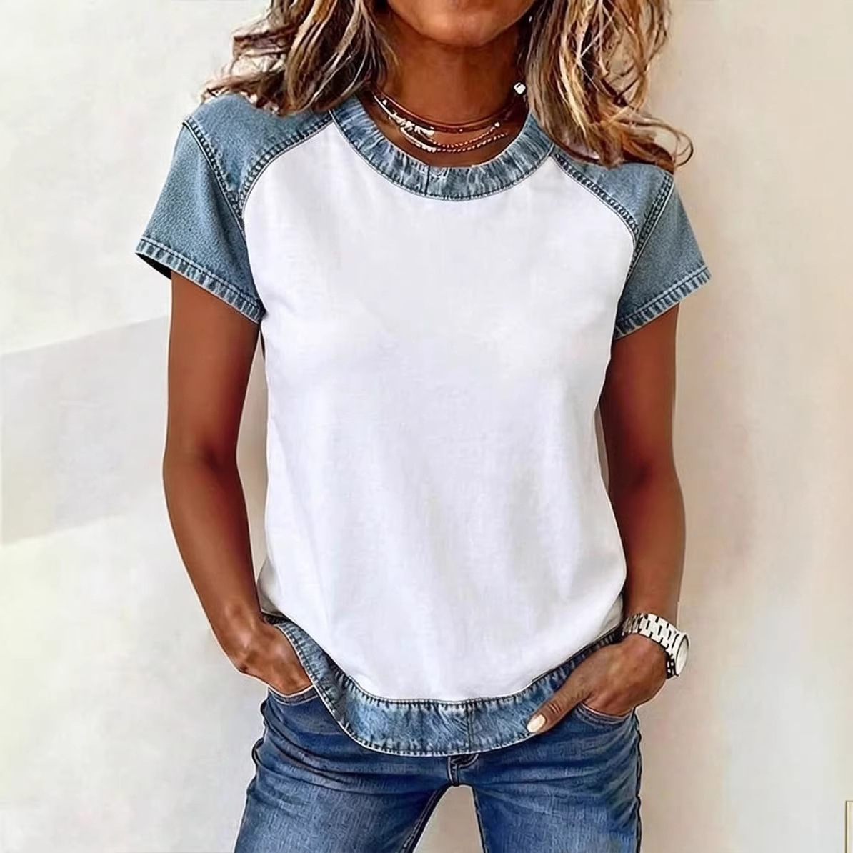 Women's retro denim patchwork shirt in white – loose fit short-sleeve creative casual
