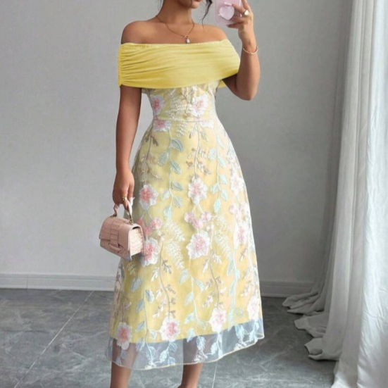 Mesh-Panel Off-the-Shoulder Pleated Dress For Women