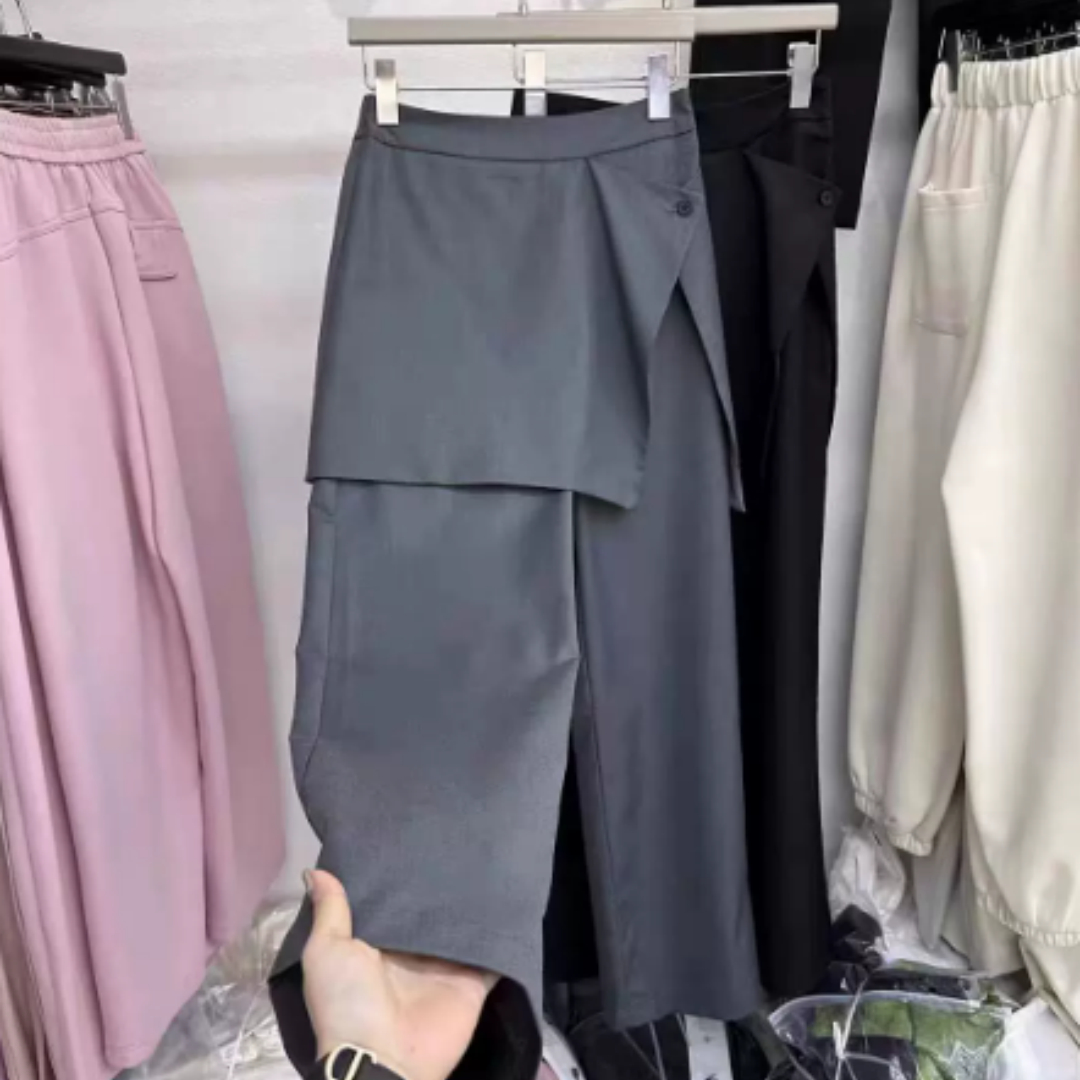 High-waisted Mini Skirt Paired With Faux Two-piece Straight-leg Suit Pants.