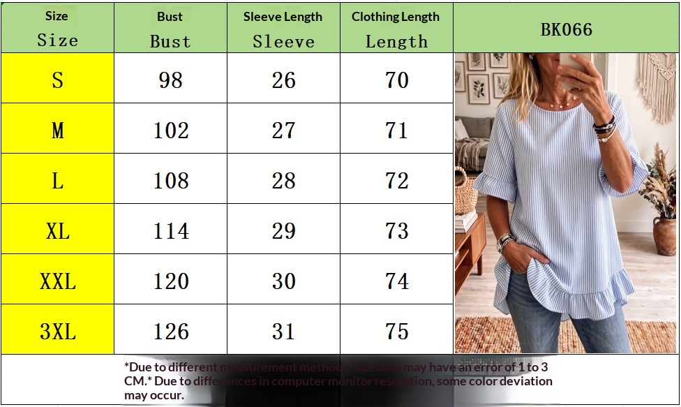 Women's striped ruffle-sleeve blouse US size chart – bust waist measurements in inches for S M L XL 2XL 3XL