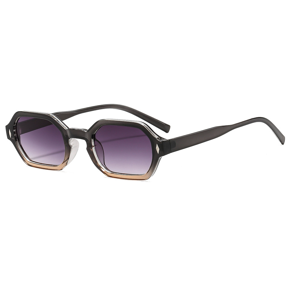 Hexagonal small-frame sunglasses styled on model – fashion travel eyewear