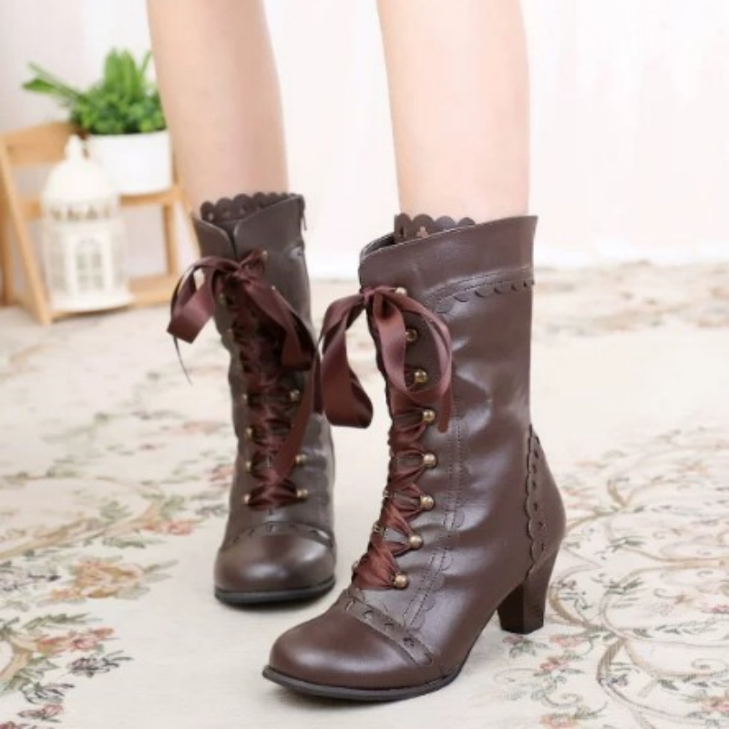 Womens Retro-style Ribbon-trimmed Round-toe High Chunky-heel Boots