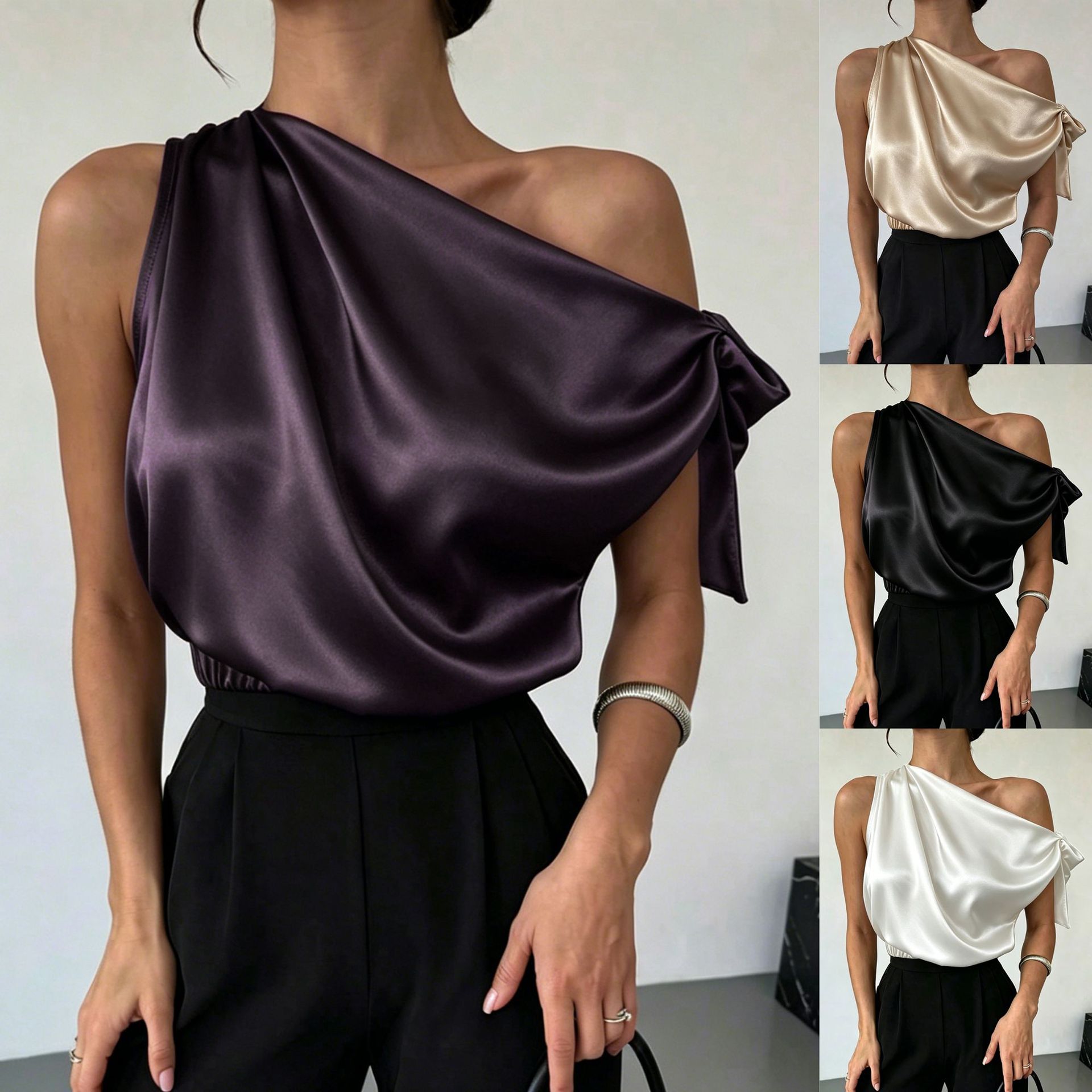 Women's satin off-shoulder asymmetrical bow blouse in Black – elegant going out top, front view showing bow detail and off-shoulder neckline