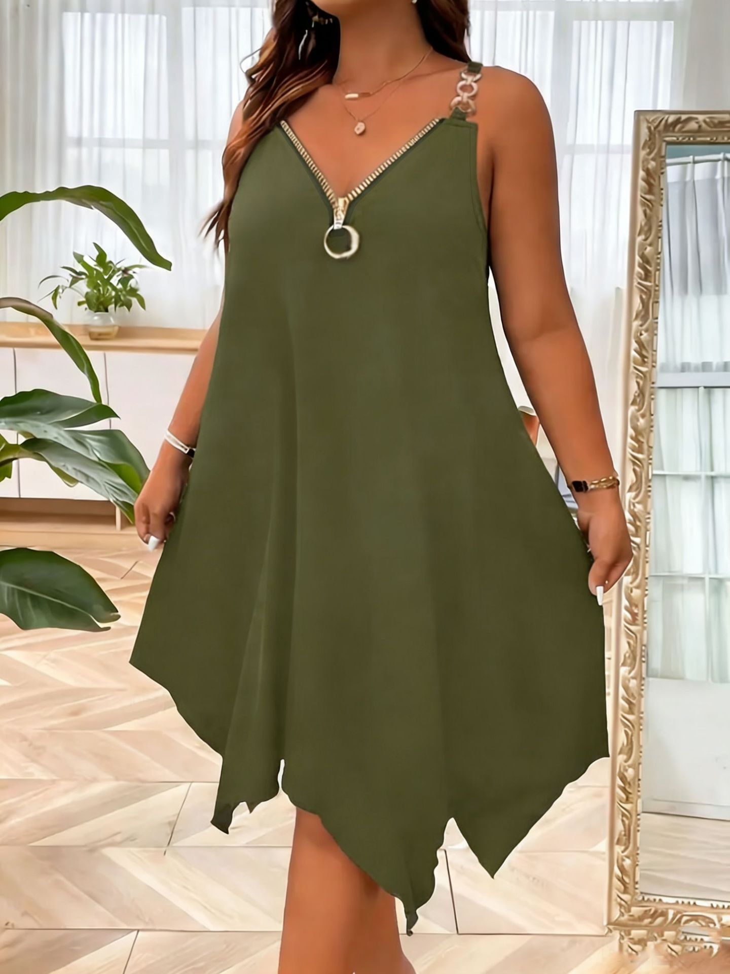 Women's plus size V-neck zip dress in Black – sleeveless midi dress styled for casual summer with sandals