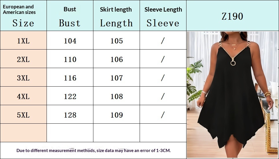 Size chart for women's plus size V-neck zip slip midi dress – US plus sizes 1XL, 2XL, 3XL, 4XL, 5XL with bust, waist, and hip measurements in inches