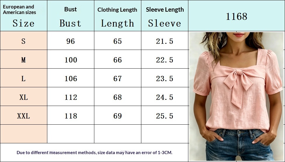 Size chart for women's square-neck short-sleeve bow pullover top – US sizes S, M, L, XL, 2XL with bust, waist, and hip measurements in inches