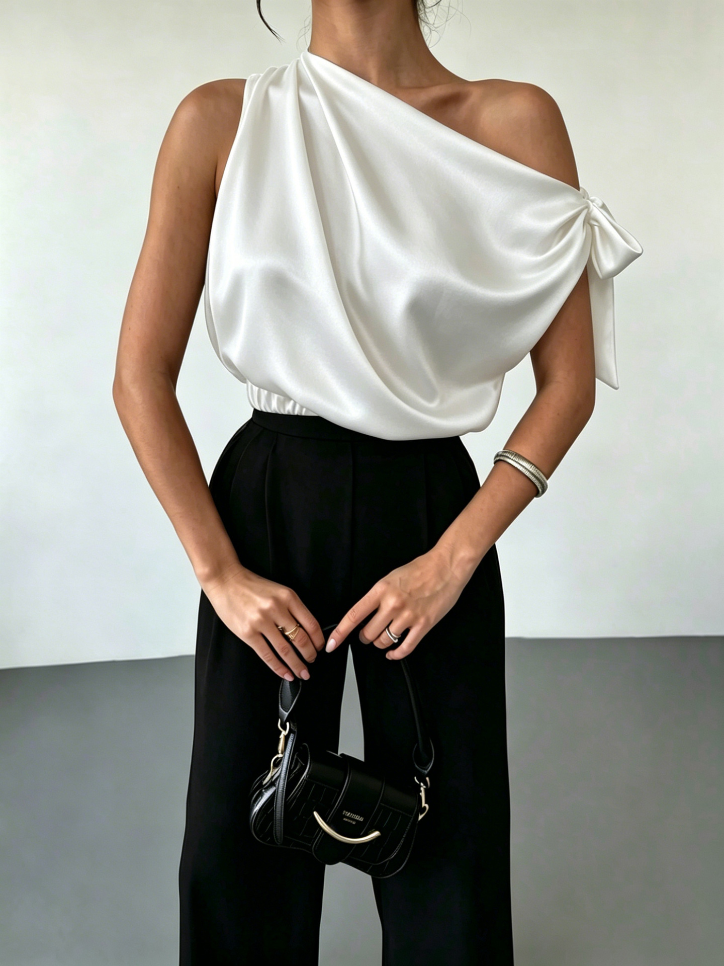 Women's satin off-shoulder blouse in Dark Purple – asymmetrical bow top, back view showing off-shoulder detail