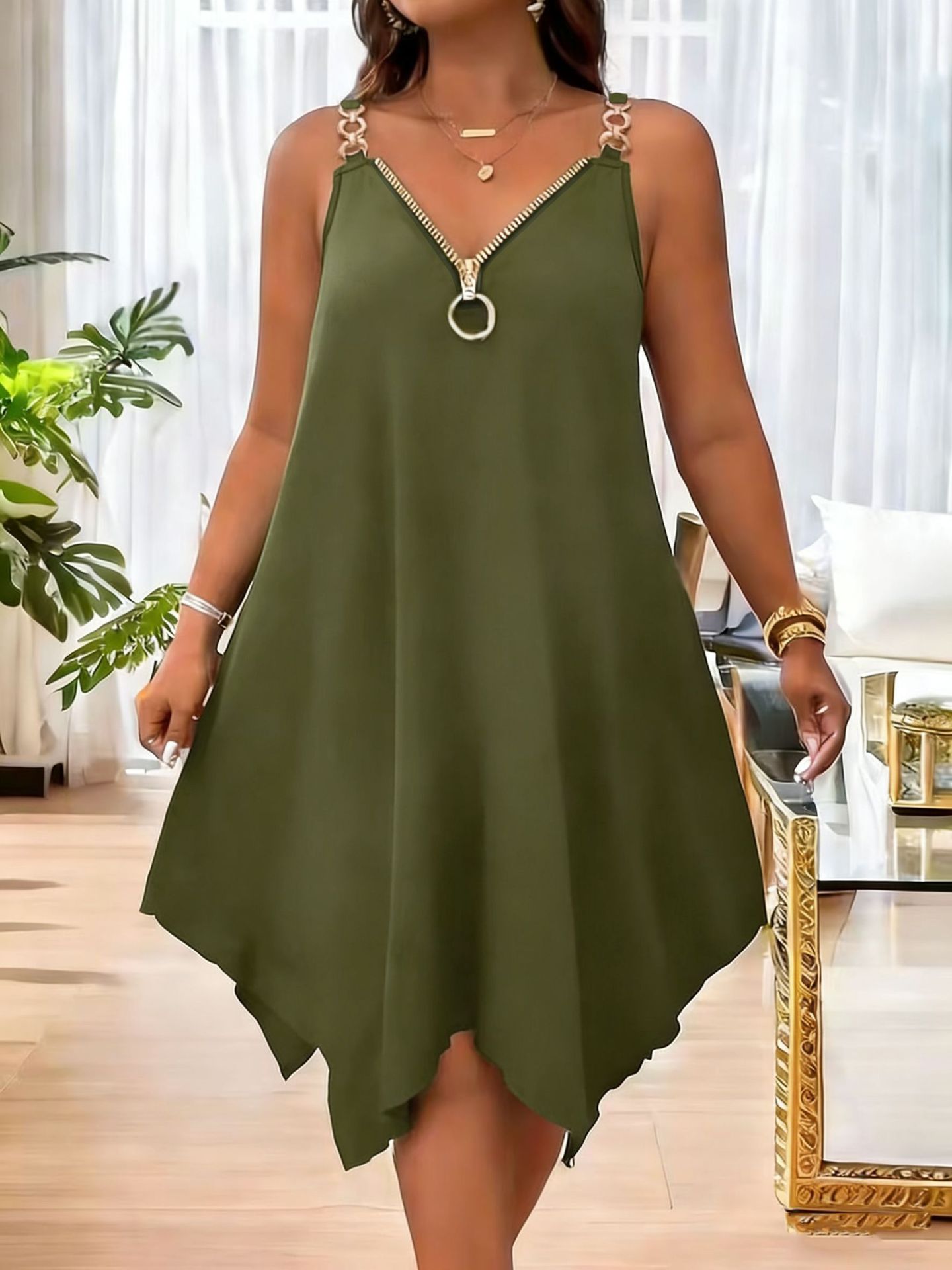 Women's plus size slip dress in Fluorescent Green – V-neck zip embellishment midi dress, full length view