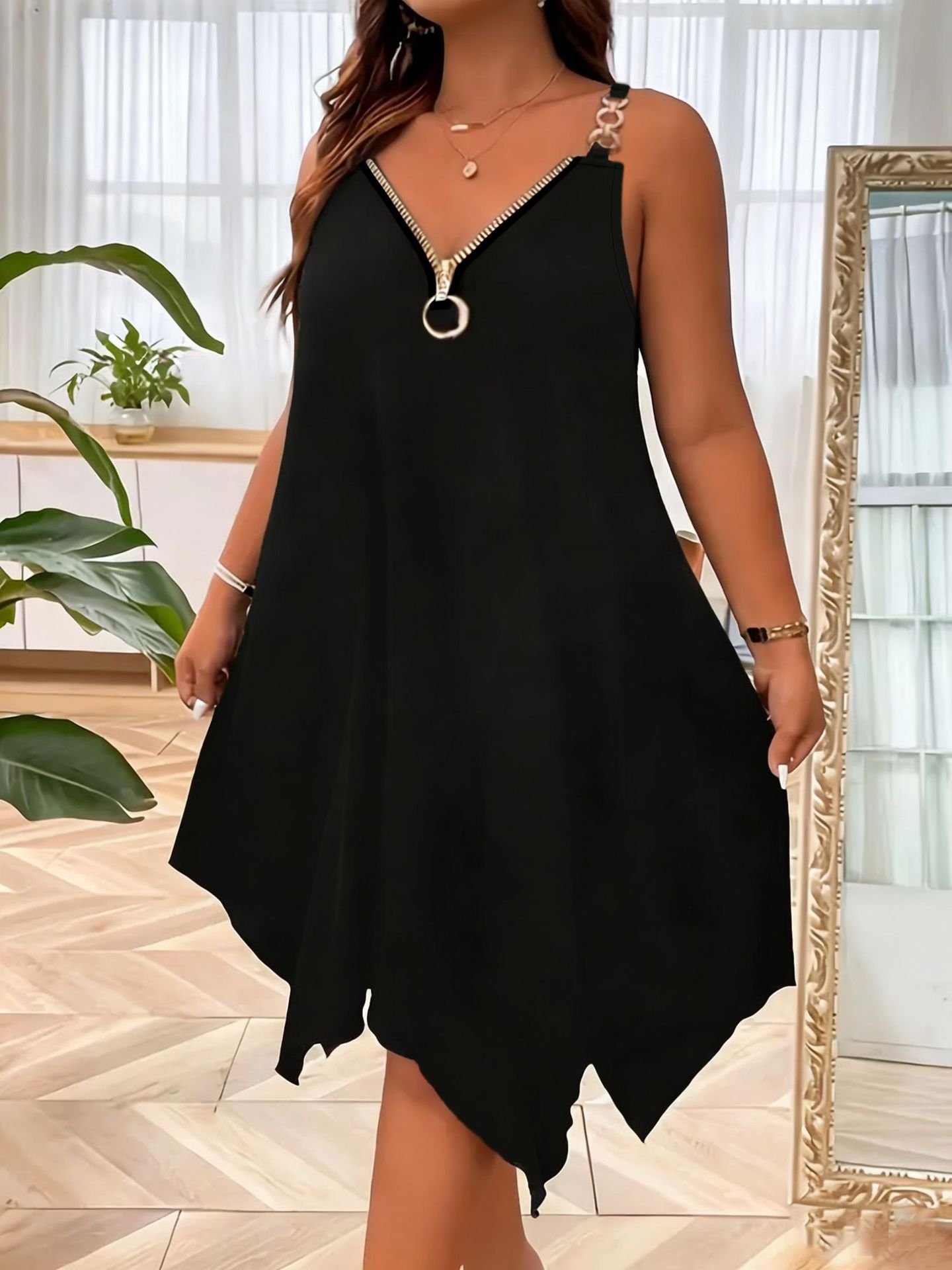 Women's plus size V-neck zip dress in Blue – sleeveless slip midi dress styled for summer casual wear