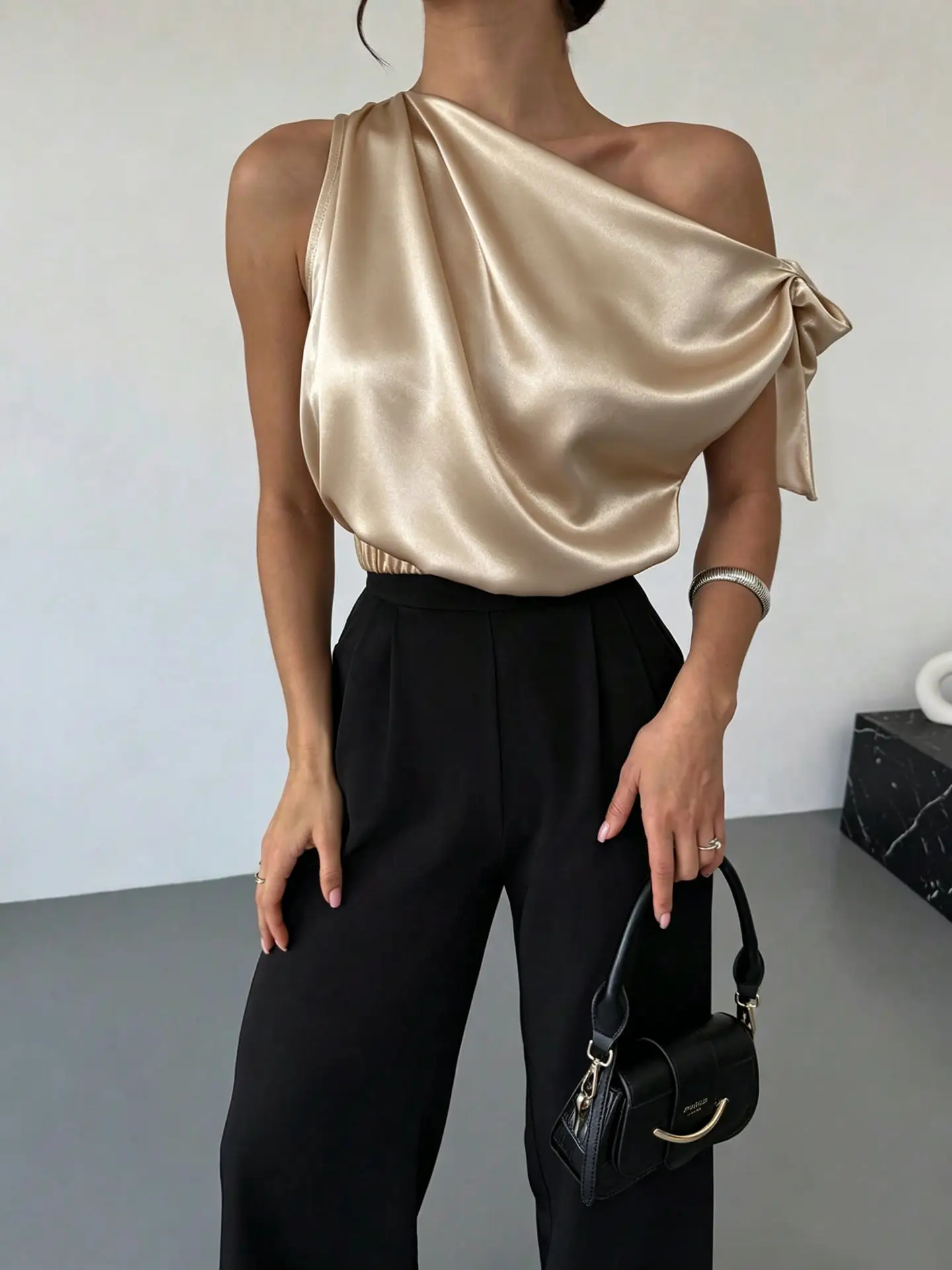 Satin Off-shoulder Asymmetrical Bow Blouse For Women