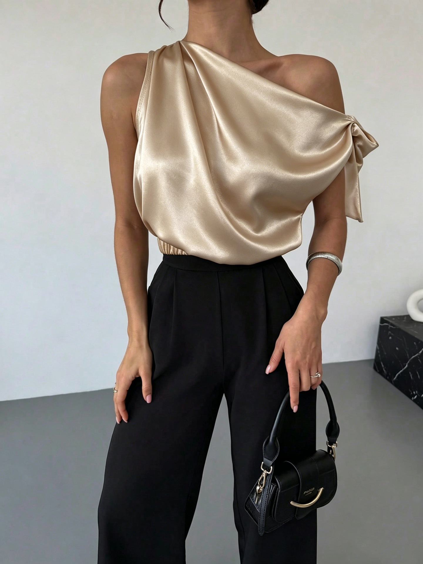 Women's satin bow blouse in White – off-shoulder asymmetrical top, full length view showing silhouette