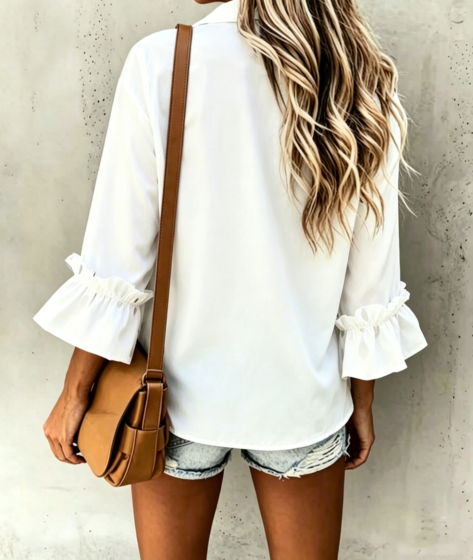 Women's ruffled flare-sleeve shirt in Apricot Dot – polka dot loose-fit cardigan top, front view showing print and ruffle sleeve