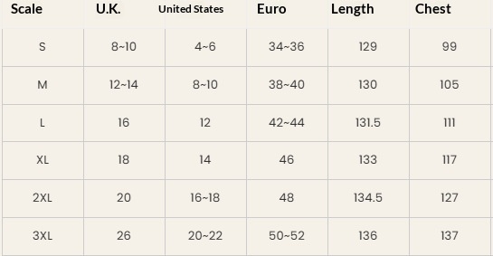 Size chart for women's digital print loose maxi dress – US sizes S, M, L, XL, 2XL, 3XL with bust, waist, and hip measurements in inches