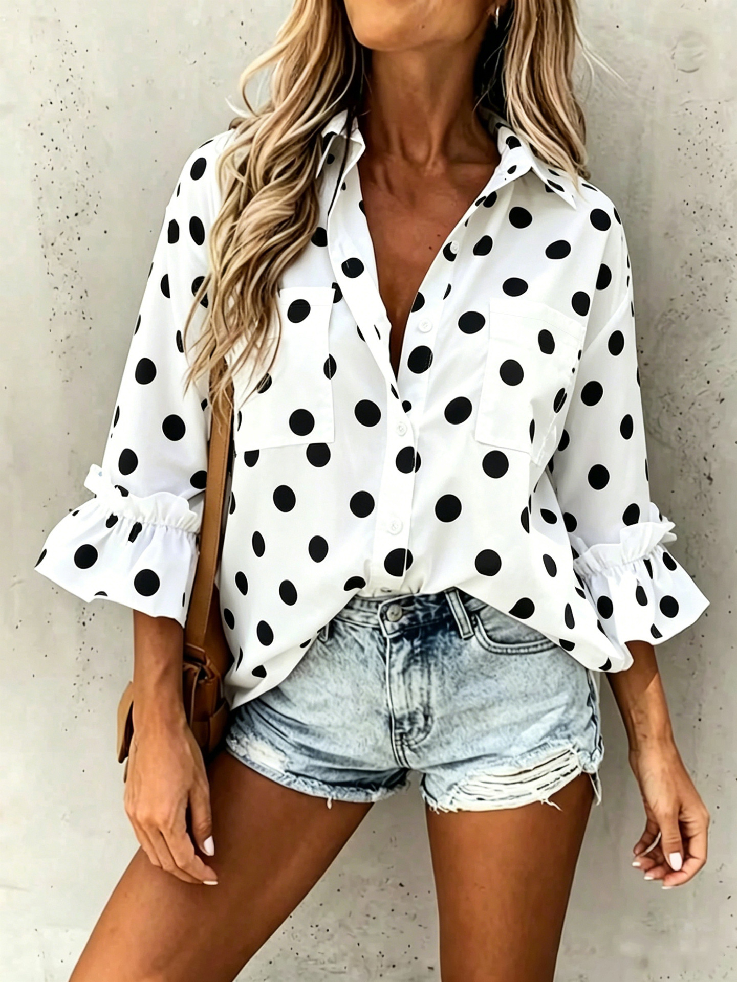 Women's ruffled flare-sleeve shirt in White – loose-fit cardigan top, detail view of ruffled flare sleeve construction