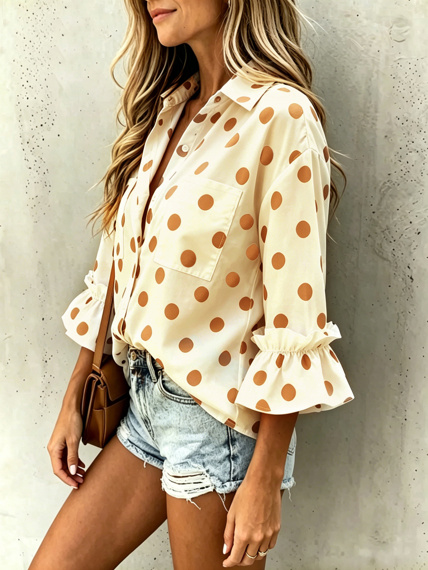 Women's ruffled flare-sleeve shirt in Black Polka Dots – loose-fit cardigan top, full length front view