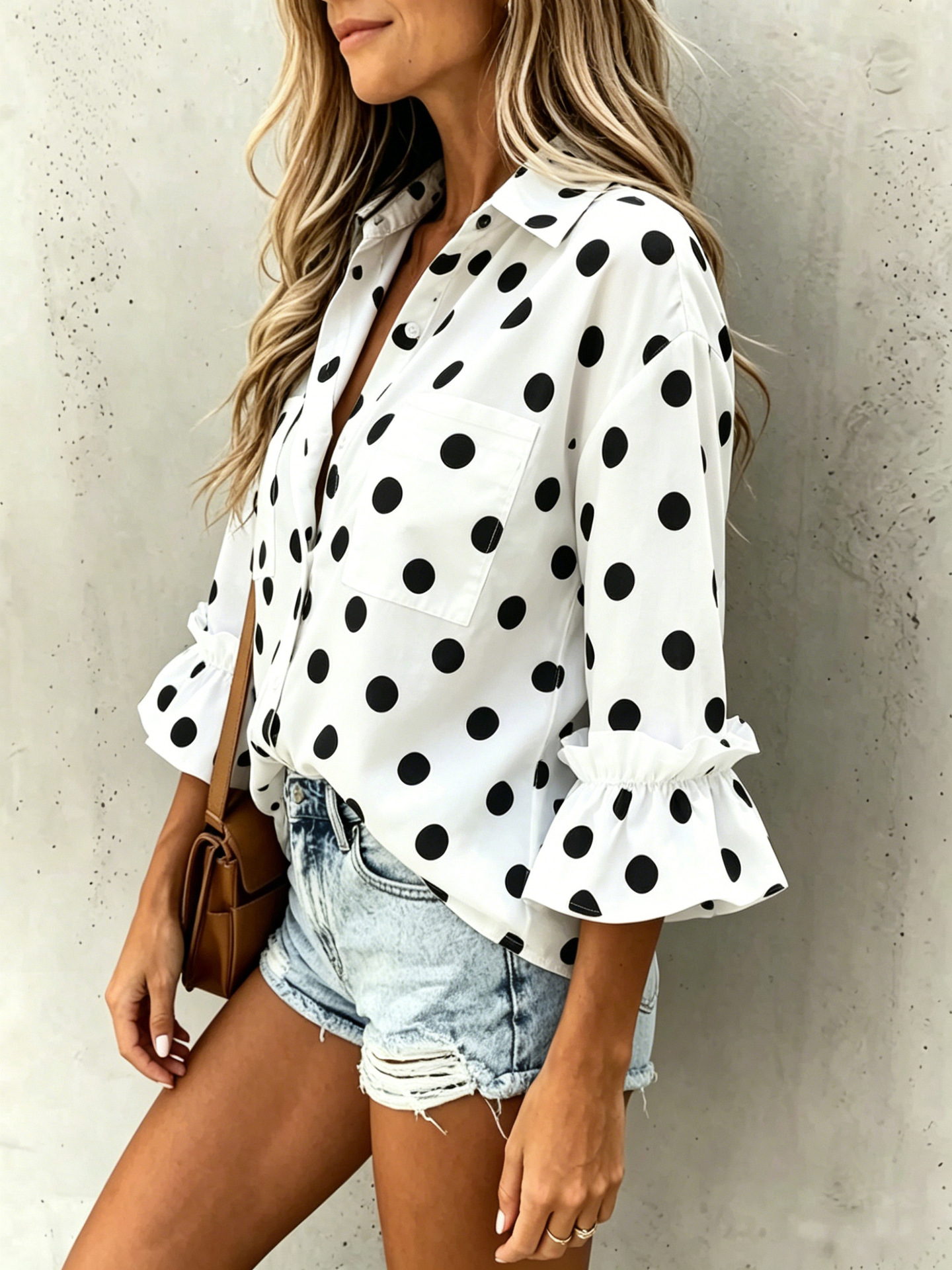 Women's ruffled flare-sleeve cardigan shirt in Black Polka Dots – loose-fit top, close-up of polka dot print and ruffle sleeve