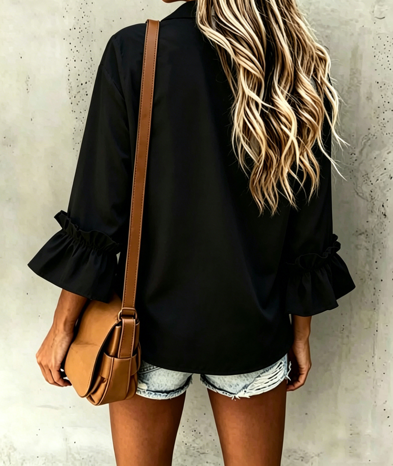 Women's ruffled flare-sleeve cardigan shirt in Apricot Dot – polka dot loose-fit top, back view showing flare sleeve detail