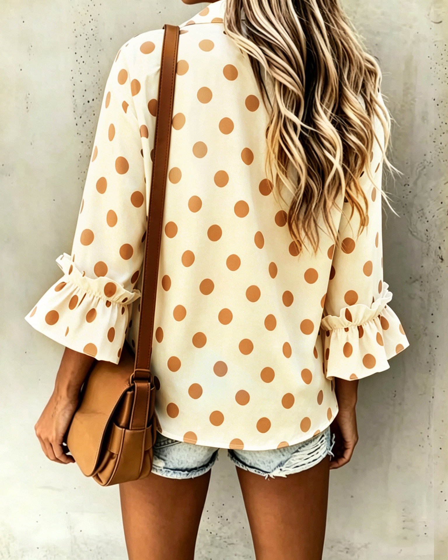 Women's ruffled flare-sleeve cardigan shirt in Apricot Dot – polka dot loose-fit top styled for vacation with linen shorts
