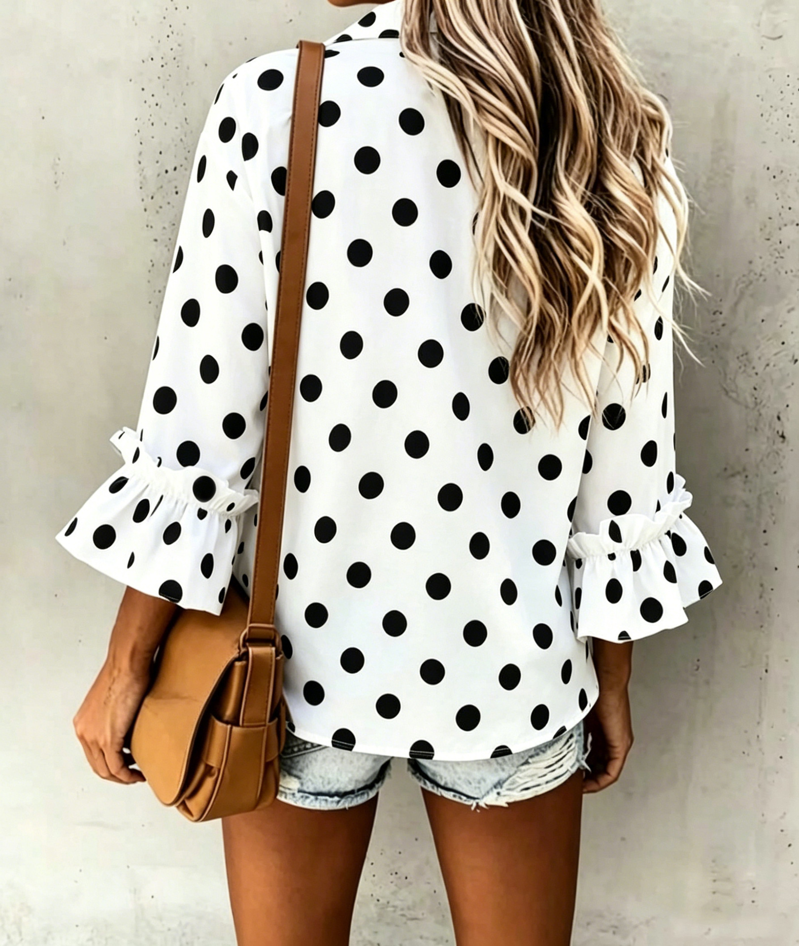 Women's ruffled flare-sleeve cardigan shirt in Black – loose-fit three-quarter sleeve top styled for smart casual