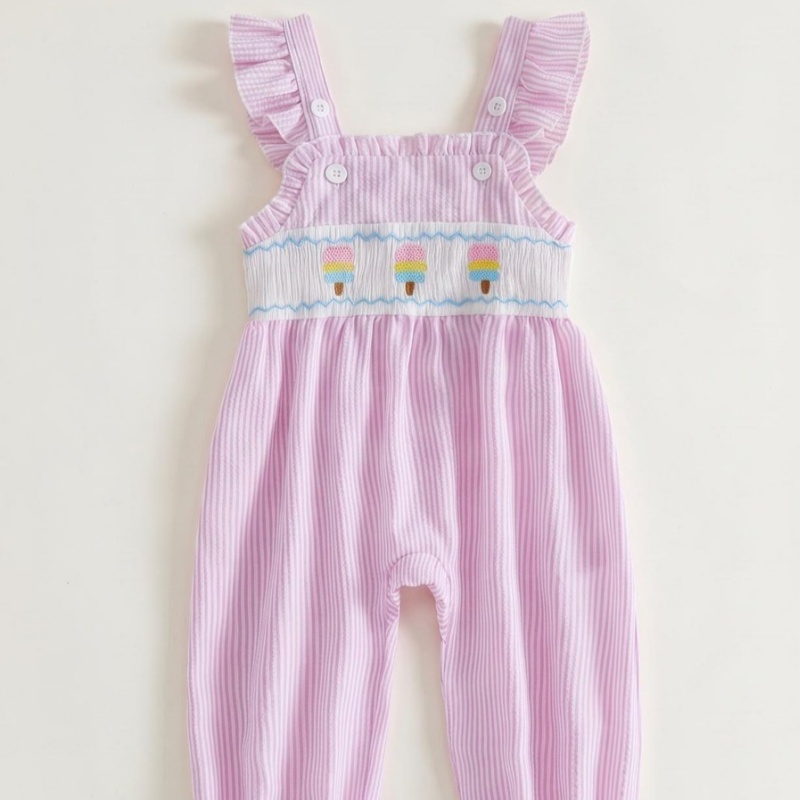 Ice Cream Embroidery Ruffled Overalls For Girls