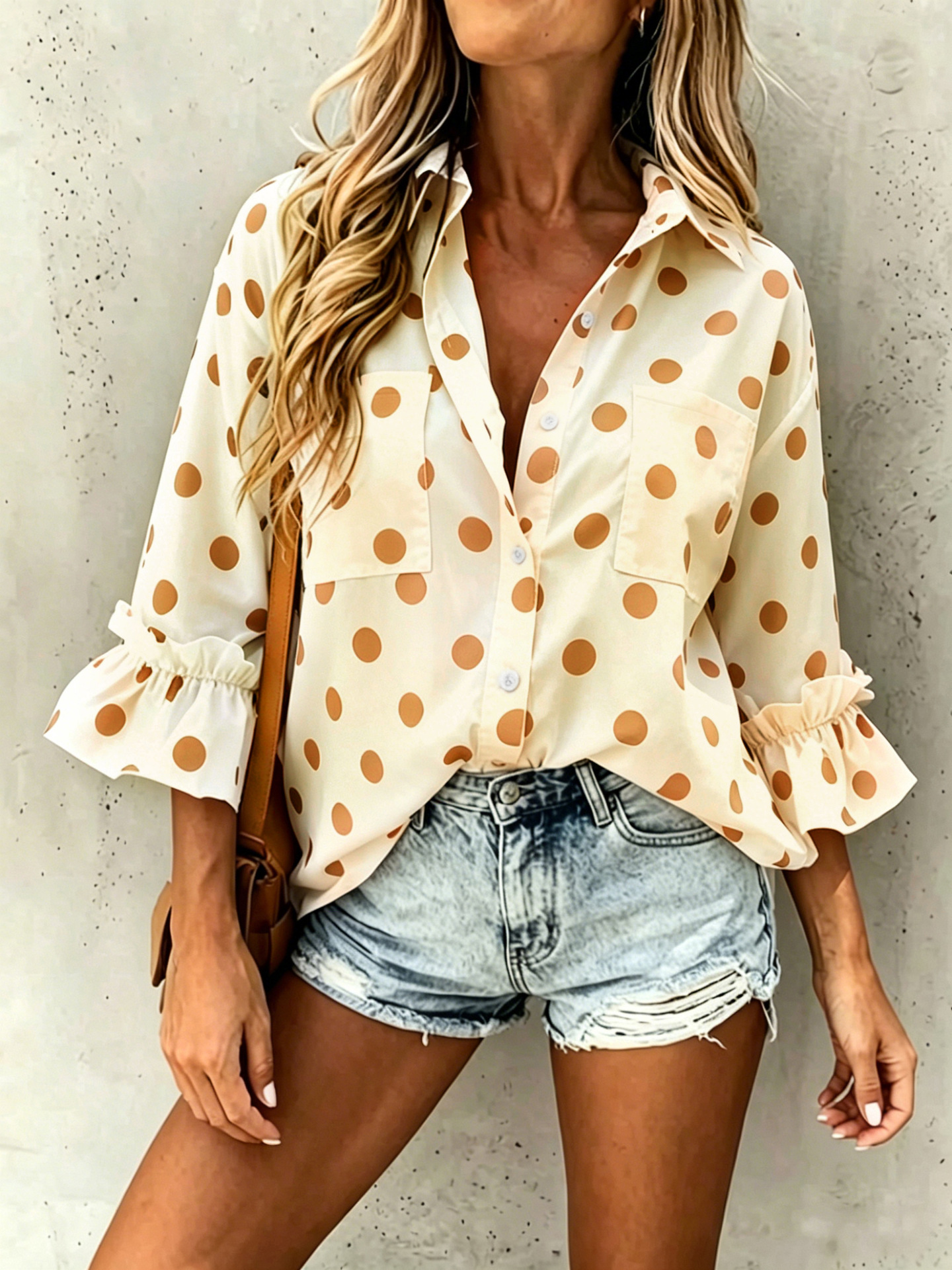 Women's ruffled flare-sleeve shirt in Black – loose-fit cardigan top styled for casual chic with jeans and sneakers